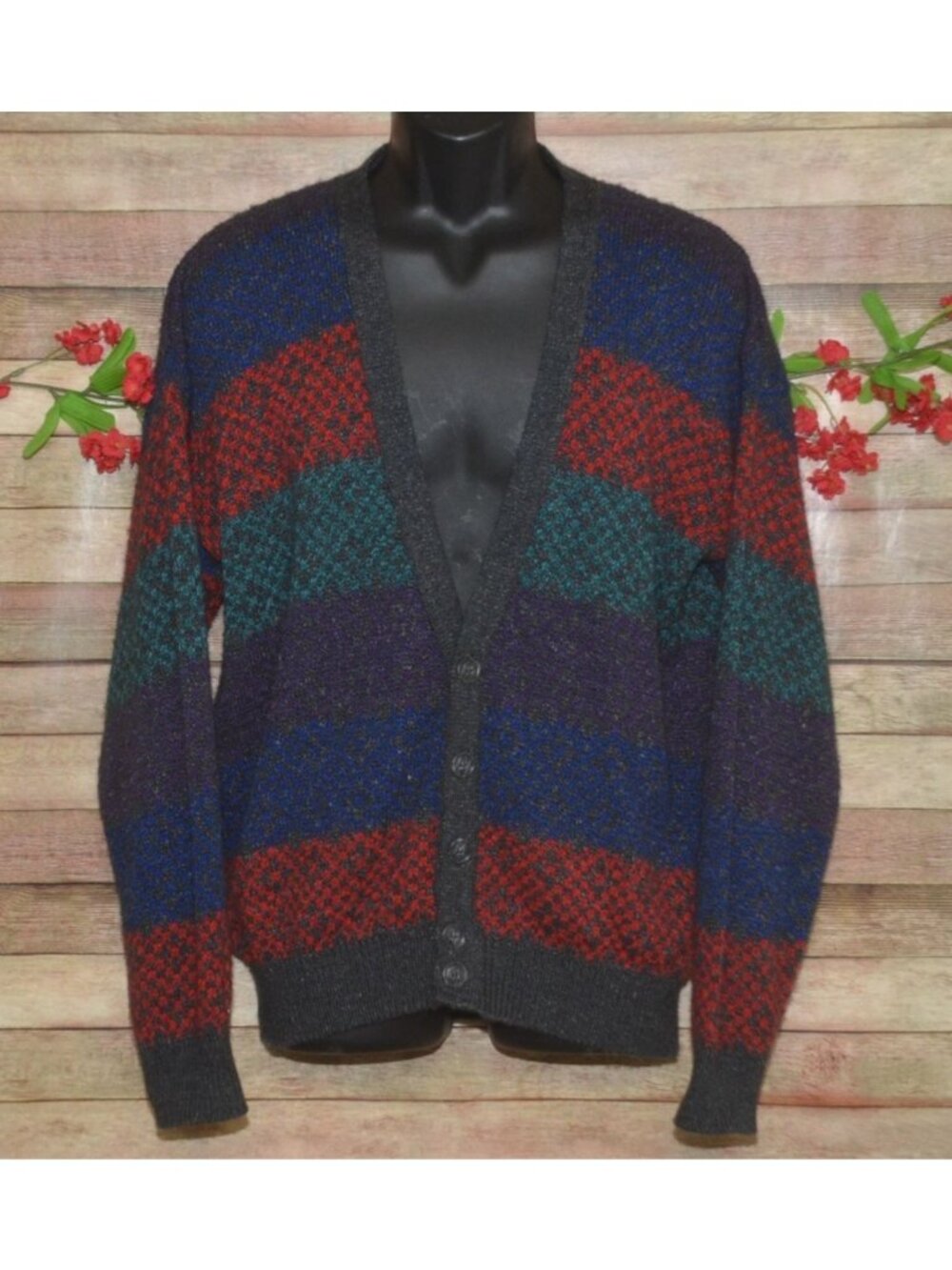 VTG Jantzen Mens L Grandpa Cardigan Sweater USA Colorblock Striped Coogi Style